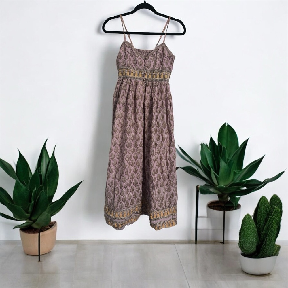 Vintage ANOKHI Hand Block Print Cotton Boho Dress Lilac Brown Midi XS